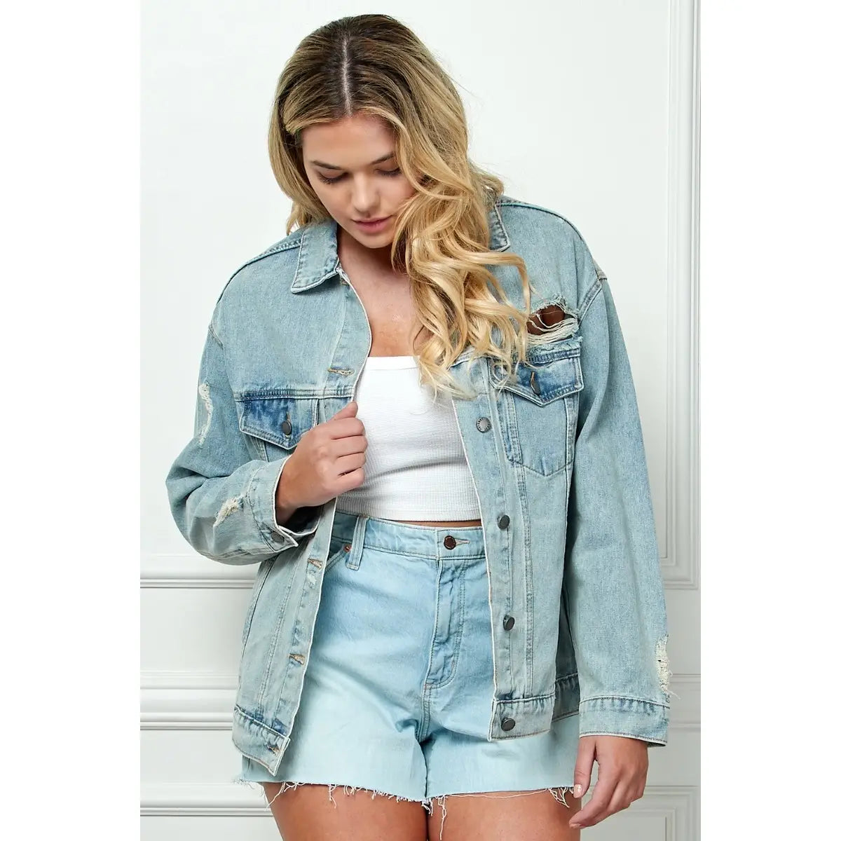 Oversize Medium Wash Ripped Denim Jacket (XL-3X)