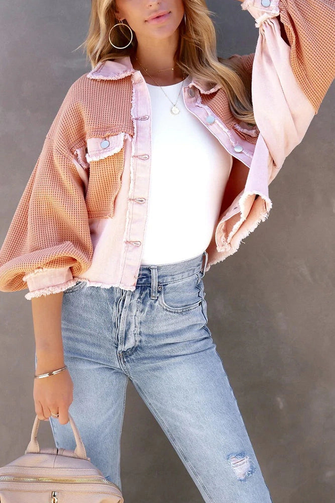 Waffle Knit Distressed Denim Shacket Pink