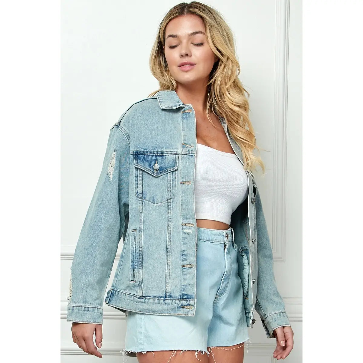 Oversize Medium Wash Ripped Denim Jacket (XL-3X)