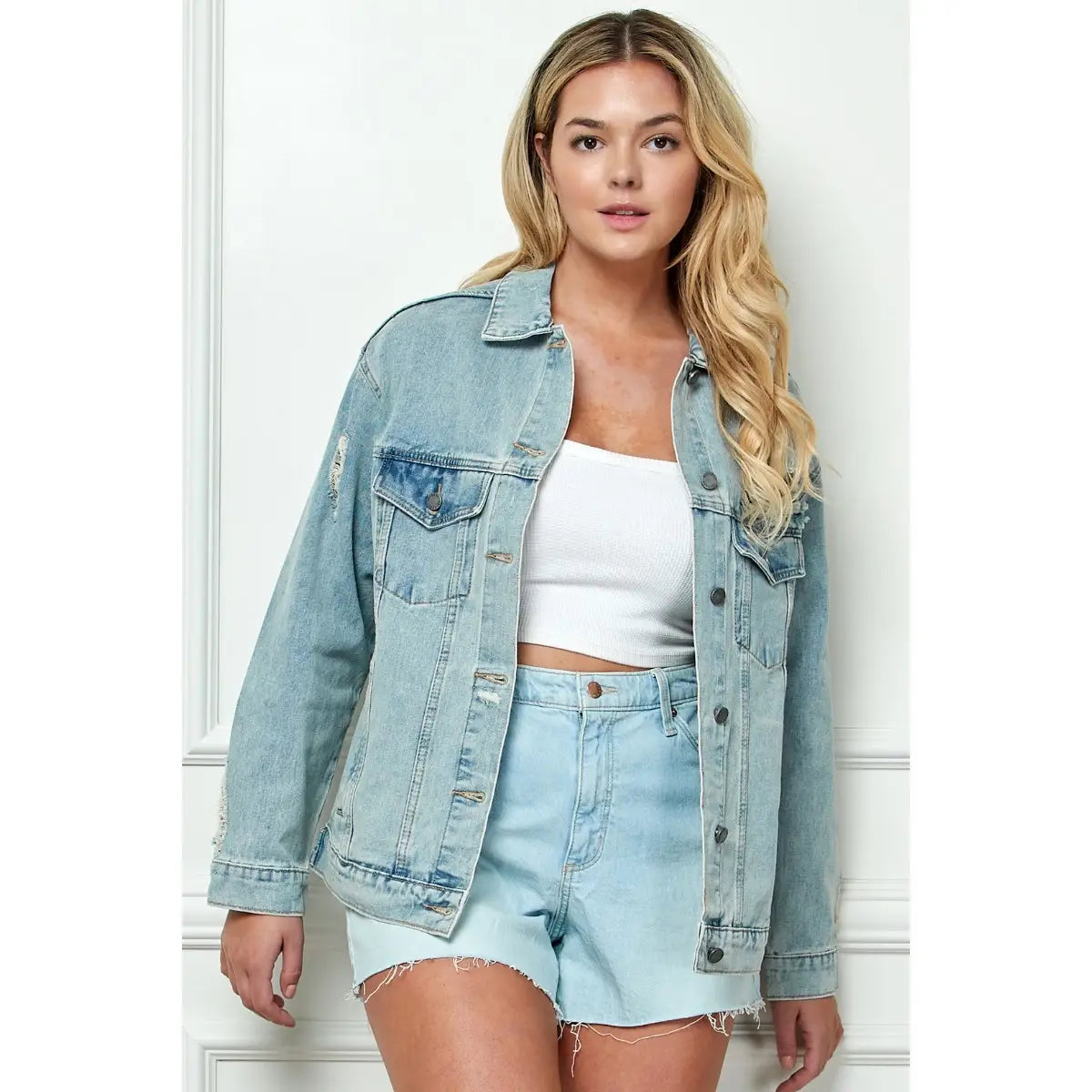 Oversize Medium Wash Ripped Denim Jacket (XL-3X)