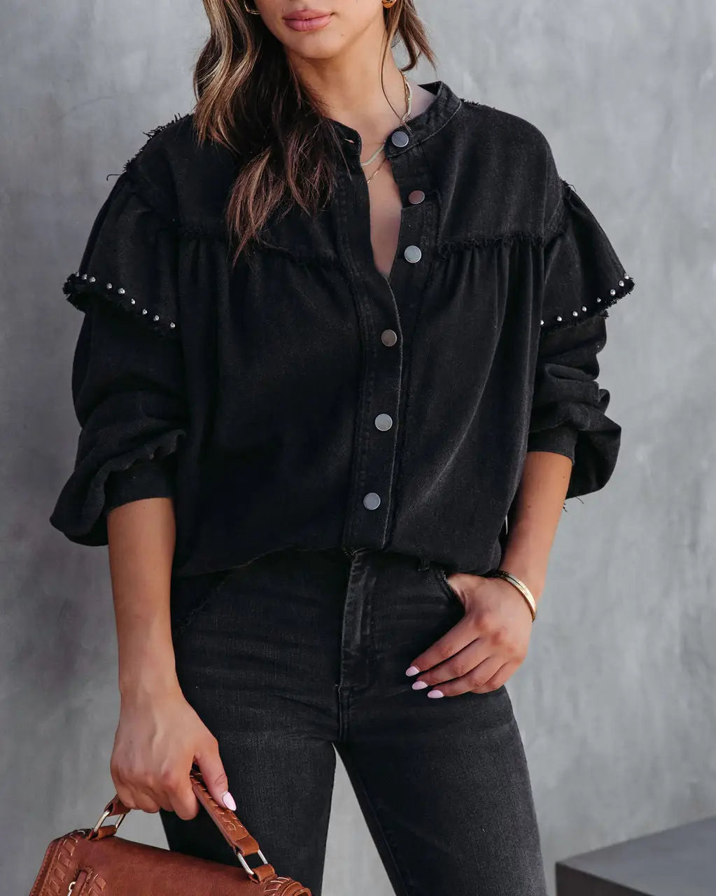 Ripped Rivet Black Denim Jacket