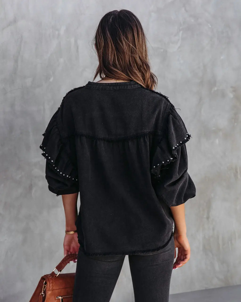Ripped Rivet Black Denim Jacket