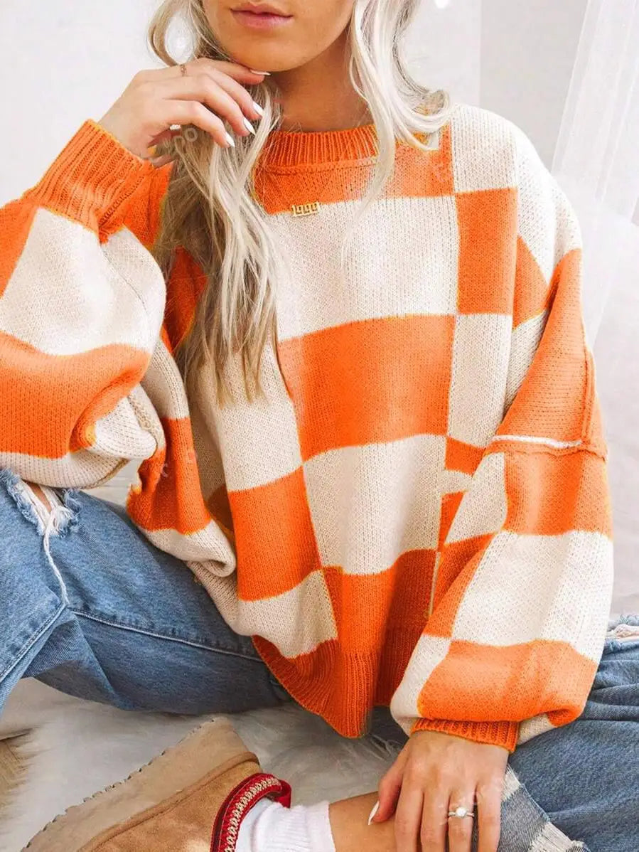 Orange and White Check Balloon Sleeve Sweater