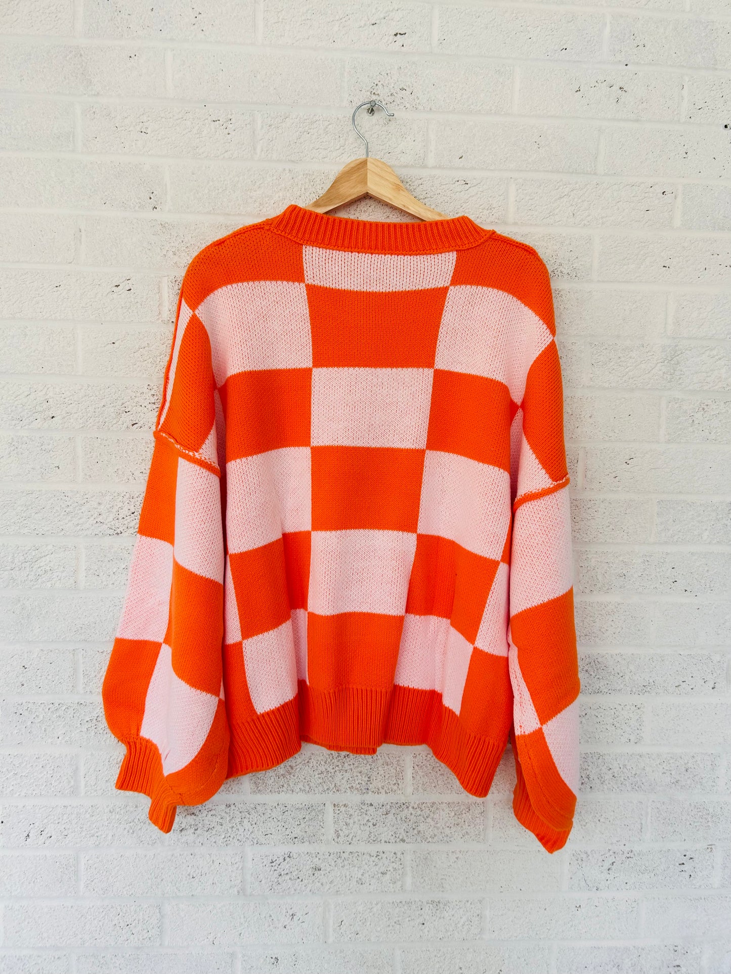Orange and White Check Balloon Sleeve Sweater
