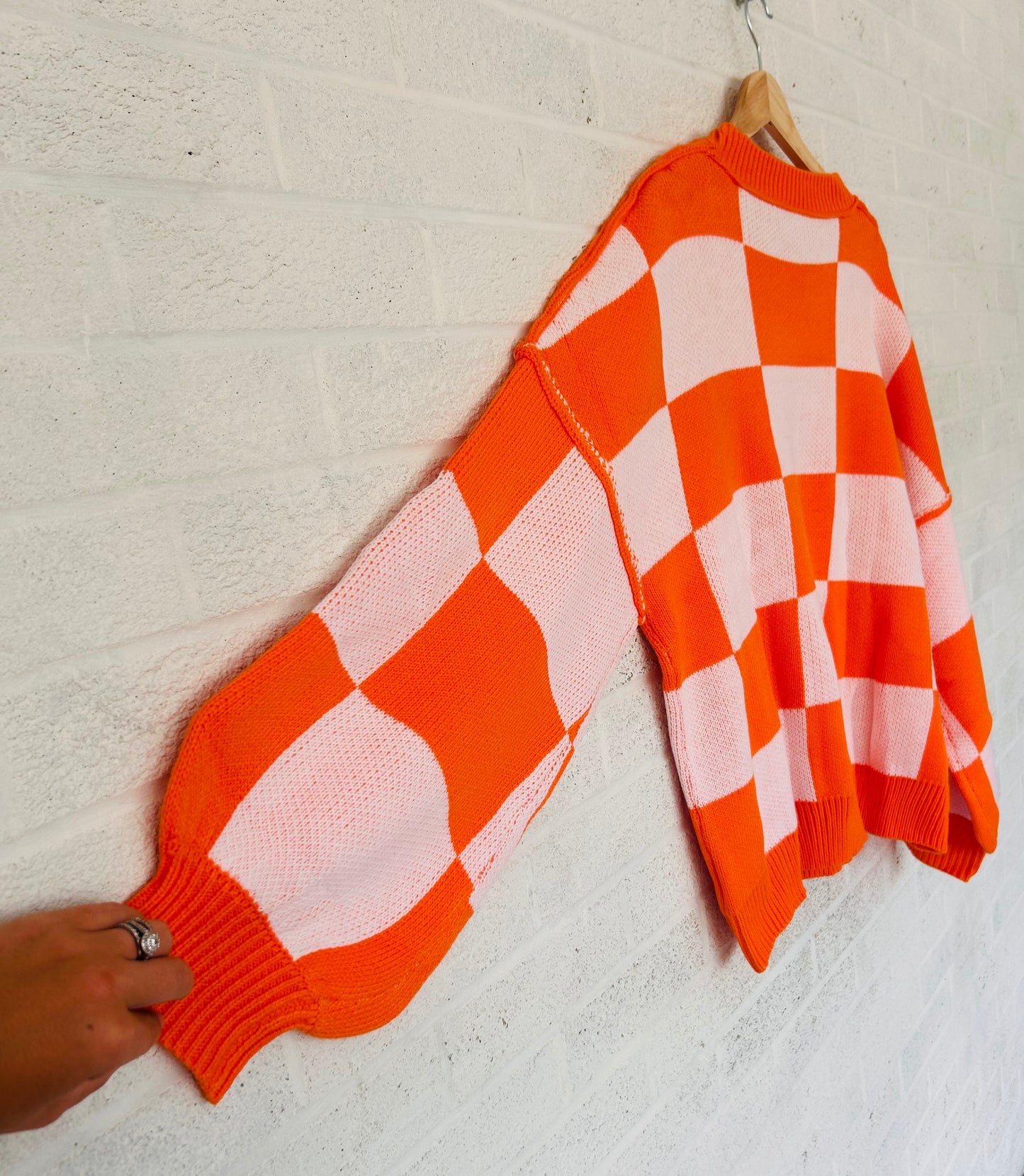 Orange and White Check Balloon Sleeve Sweater