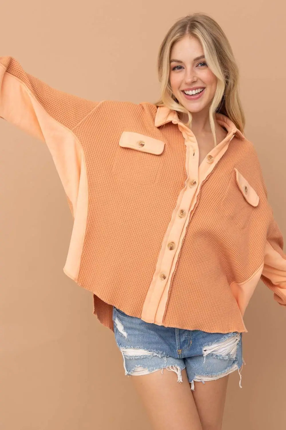 Orange Waffle Button Down Shacket