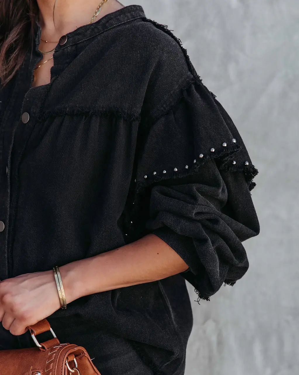 Ripped Rivet Black Denim Jacket