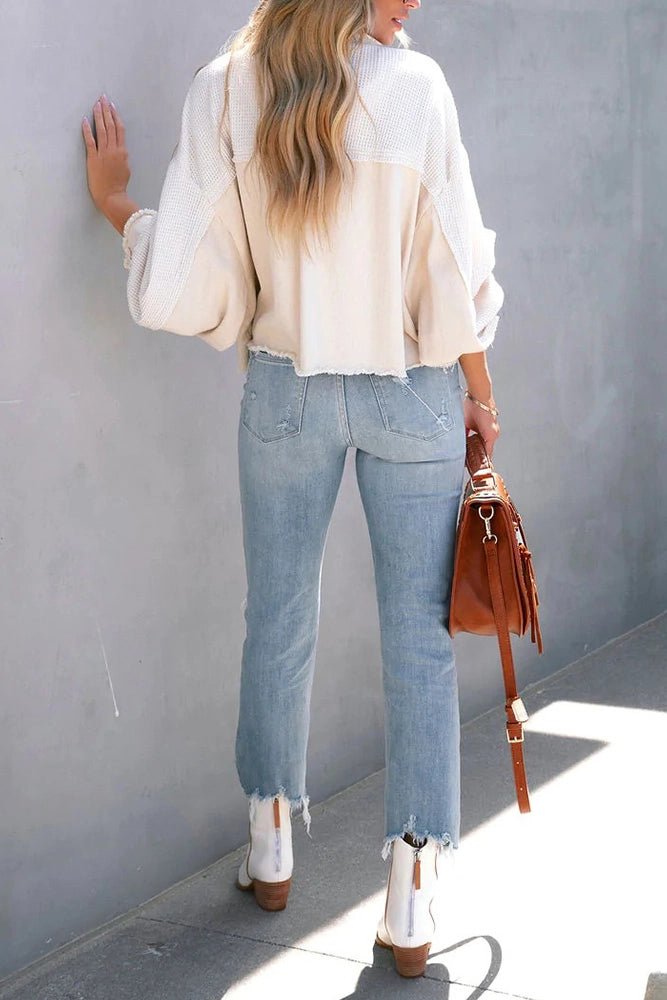 Waffle Knit Distressed Denim Shacket White