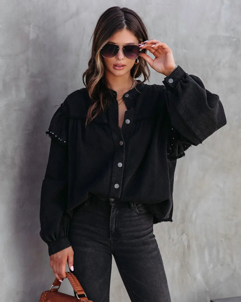 Ripped Rivet Black Denim Jacket