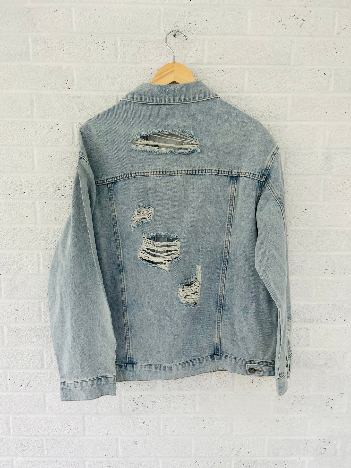 Oversize Medium Wash Ripped Denim Jacket (XL-3X)