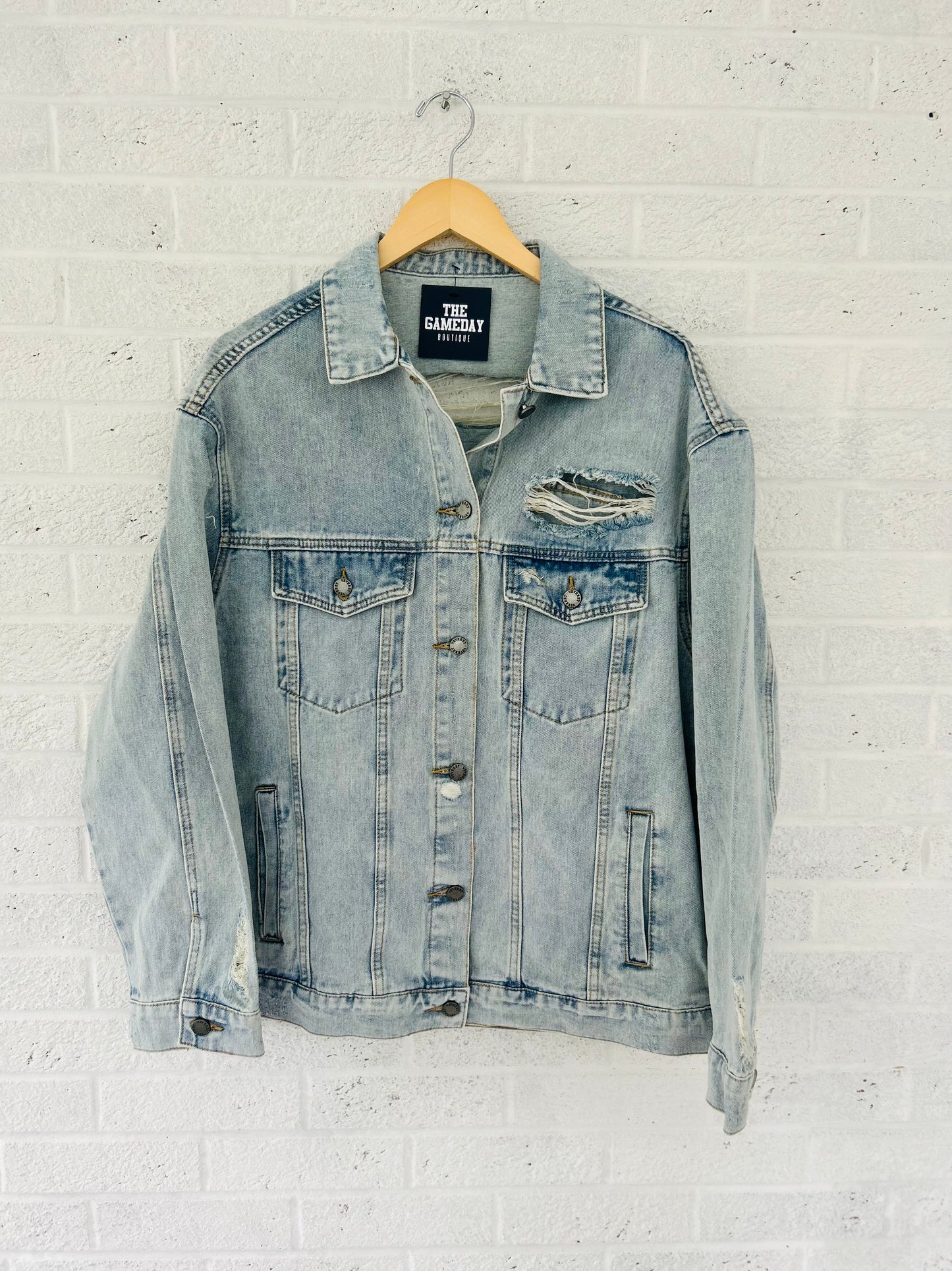 Oversize Medium Wash Ripped Denim Jacket (XL-3X)