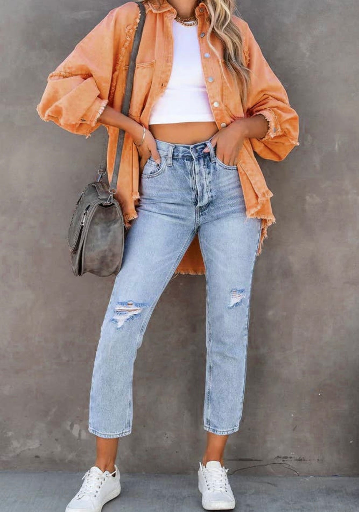 Orange Denim Fringe Shacket