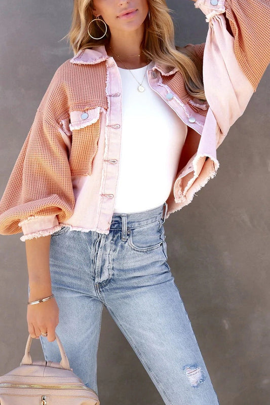 Waffle Knit Distressed Denim Shacket Pink