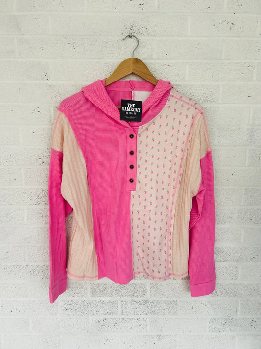 Pink Waffle-knit Patchwork Shirt
