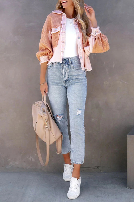Waffle Knit Distressed Denim Shacket Pink