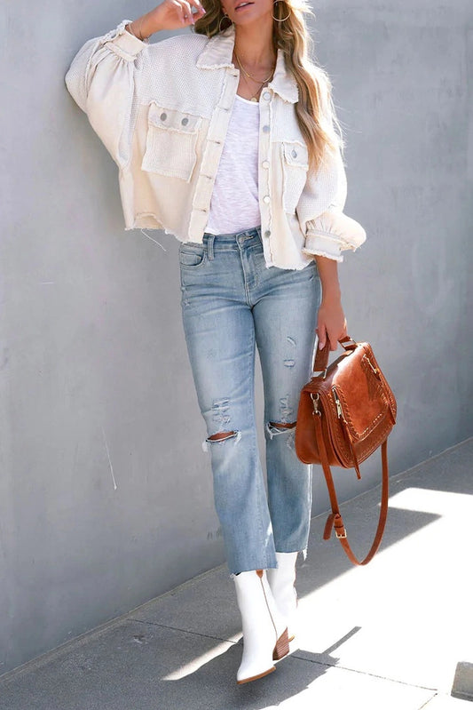 Waffle Knit Distressed Denim Shacket White