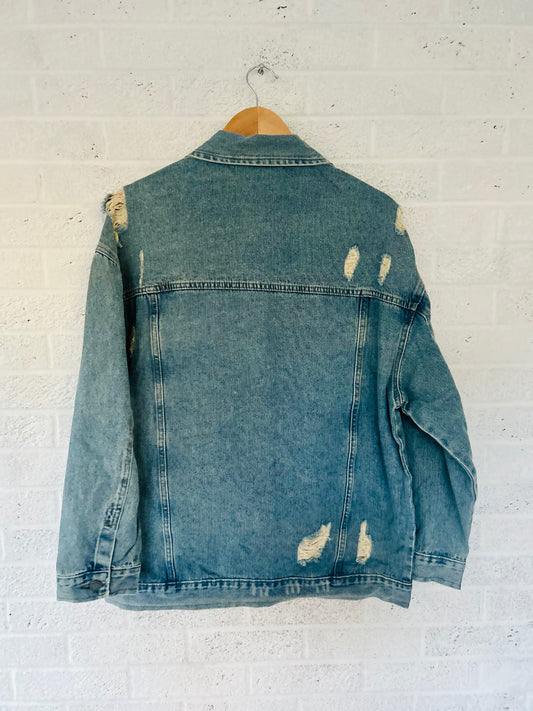 Oversize Medium Wash Ripped Denim Jacket