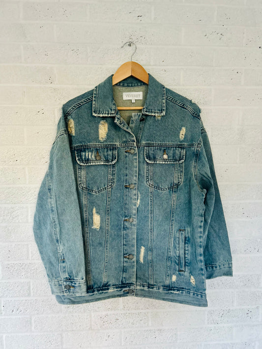 Oversize Medium Wash Ripped Denim Jacket