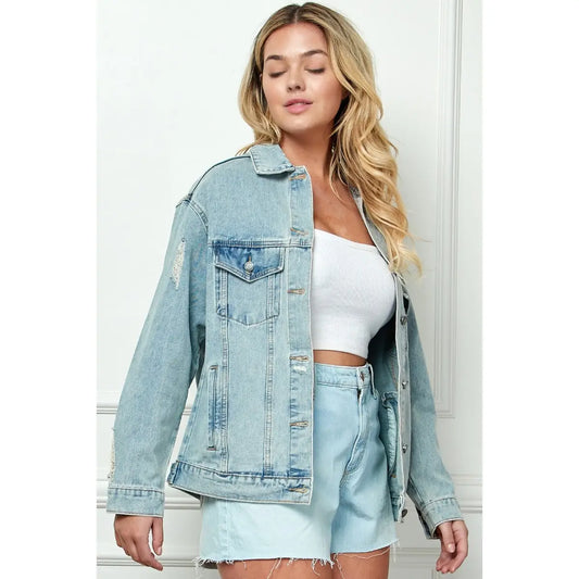 Oversize Medium Wash Ripped Denim Jacket (XL-3X)