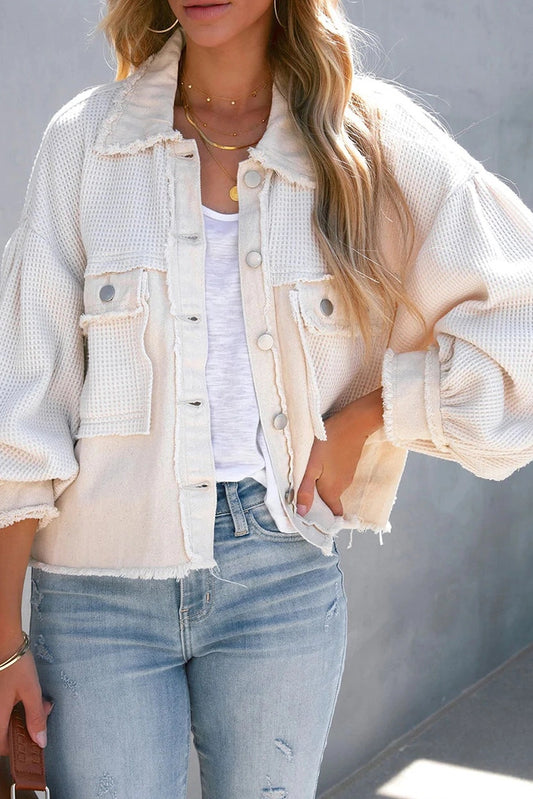 Waffle Knit Distressed Denim Shacket White