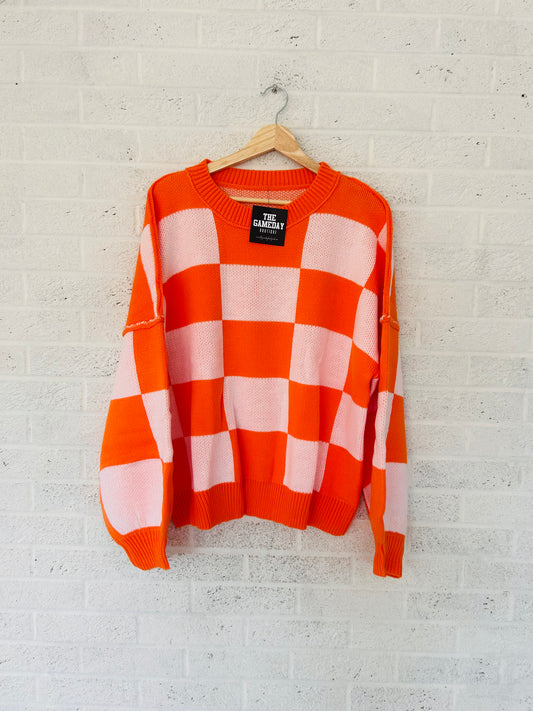 Orange and White Check Balloon Sleeve Sweater