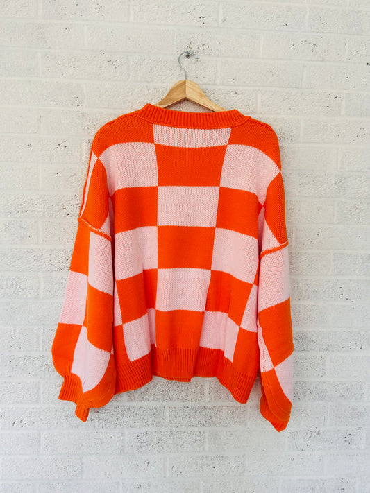 Orange and White Check Balloon Sleeve Sweater